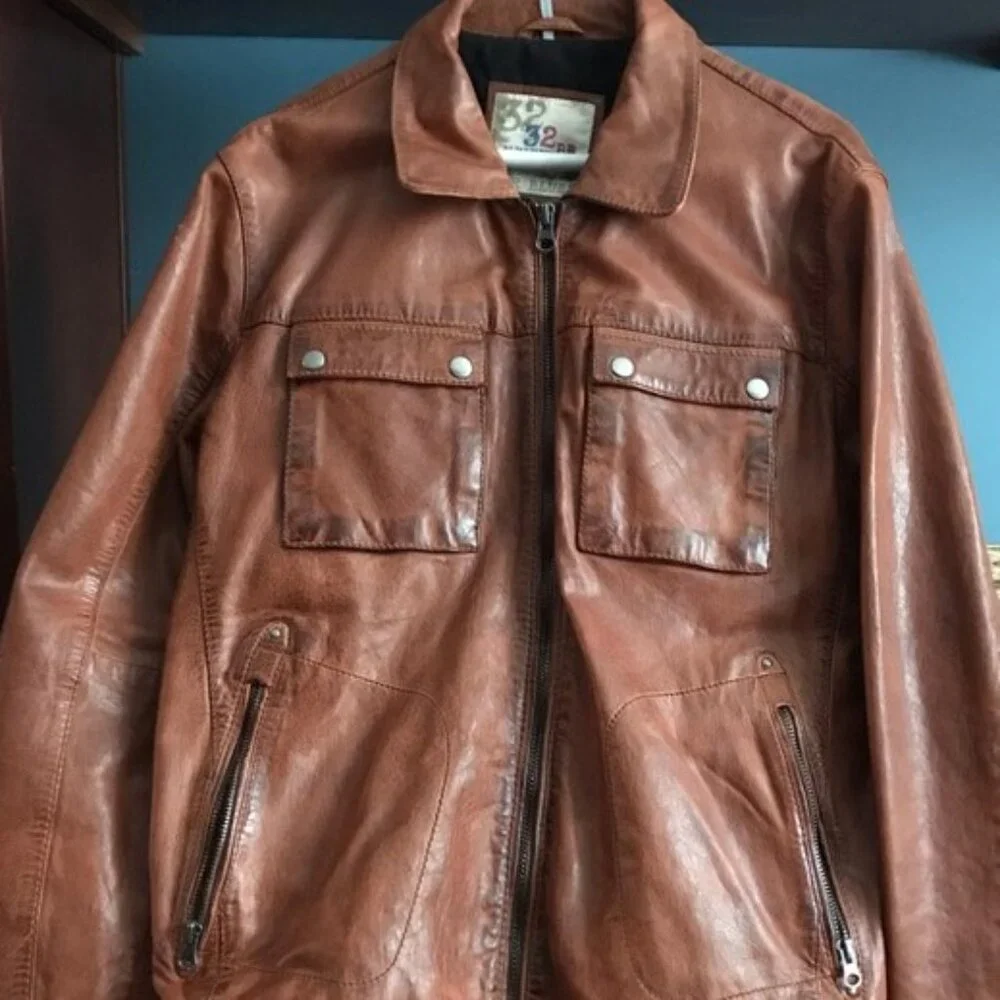 32 Bar Blues Men's Brown Genuine Leather Jacket Large - Picture 4 of 4